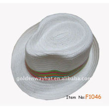 Günstige White Fedora Hut mit Streifen Band mit benutzerdefinierten Design Logo Papier Strohhut